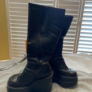 Leather platform wedge heel high length boots